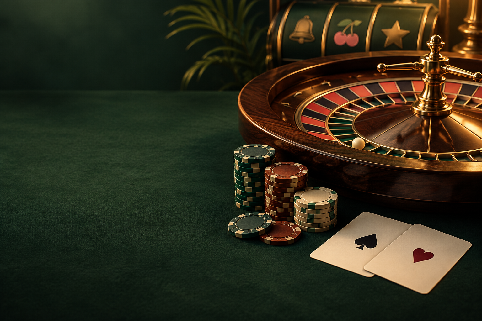 Ilustrasi meja roulette, kartu, dan keping kasino dalam cahaya tembaga